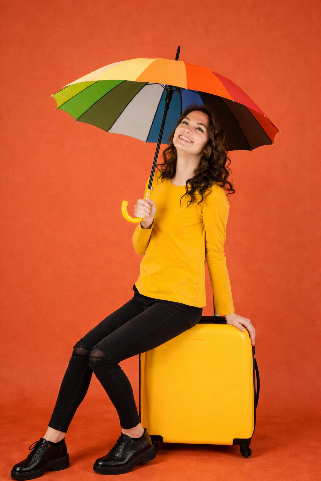 mulher sentada com um guarda chuva colorido em maos